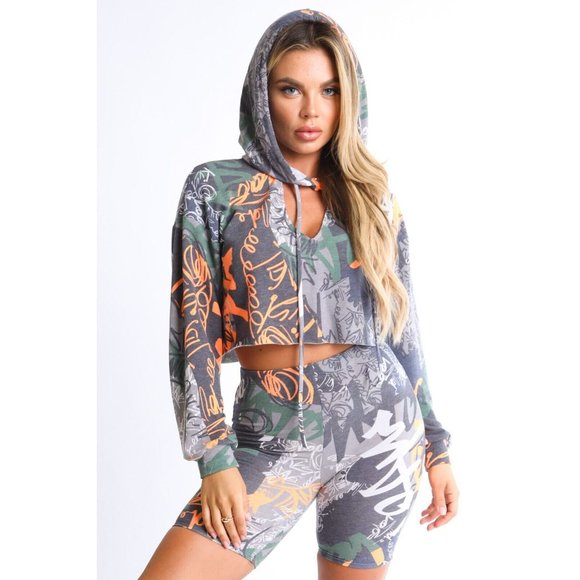 Boutique Tops - Women's Graffiti Terry Cropped Hoodie and Matching Biker Shorts 2 Piece Set